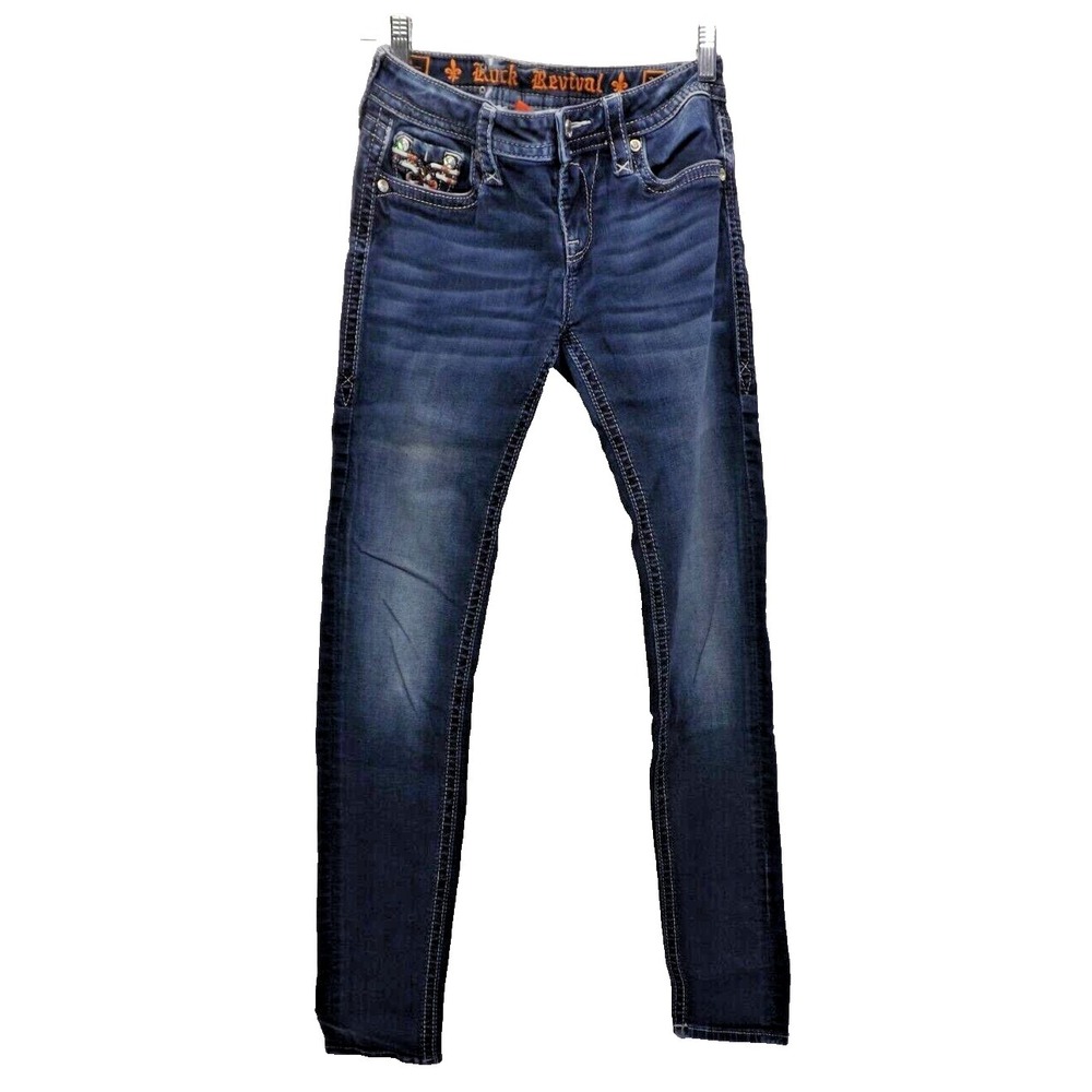 Rock Revival Skinny Mid Rise Nicci Red Stitch Blue Stretch Jeans -Size 26 x 32.5